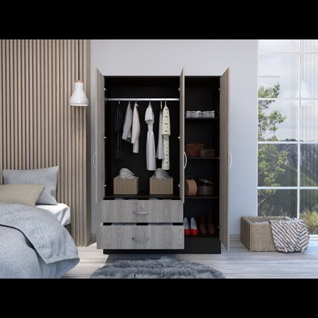 TUHOME Bolton 120 Mirrored Armoire, 2 Door Cabinet, 2 Drawers, Door W/ Mirror, Rods, Black/Light Gray CWZ5950